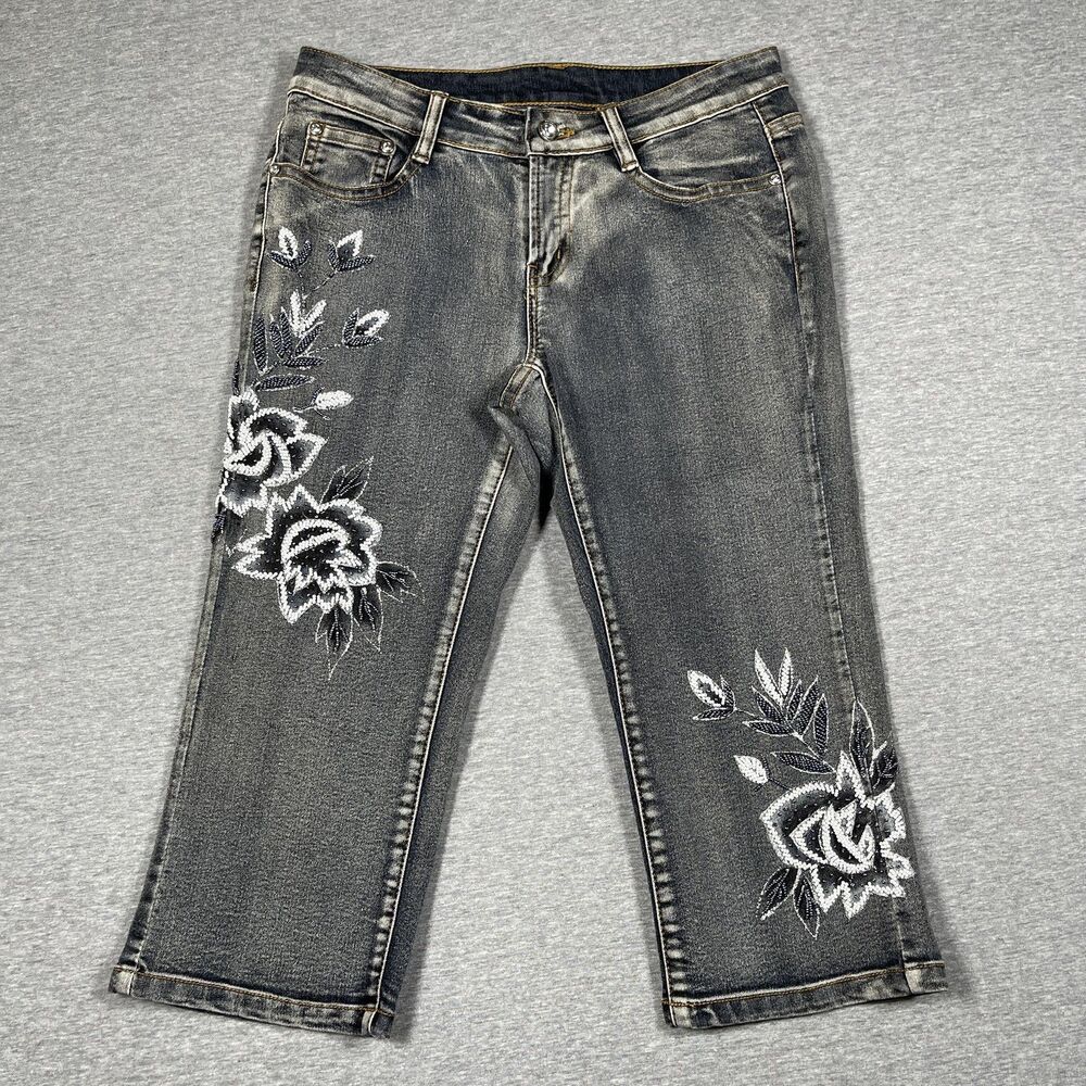 AZI Jeans Womens 4 Gray Cropped Floral Embroidered Sequin Beaded Charcoal Wash
